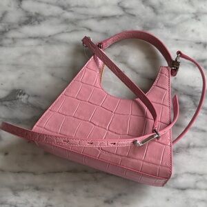 STAUD mini Rey geranium Pink Croc-Embossed Bag crossbody strap magnet silver